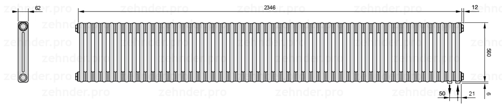 Схема (чертеж) Радиатор Zehnder Charleston 2056/51 №5510 Белый глянцевый RAL 9016